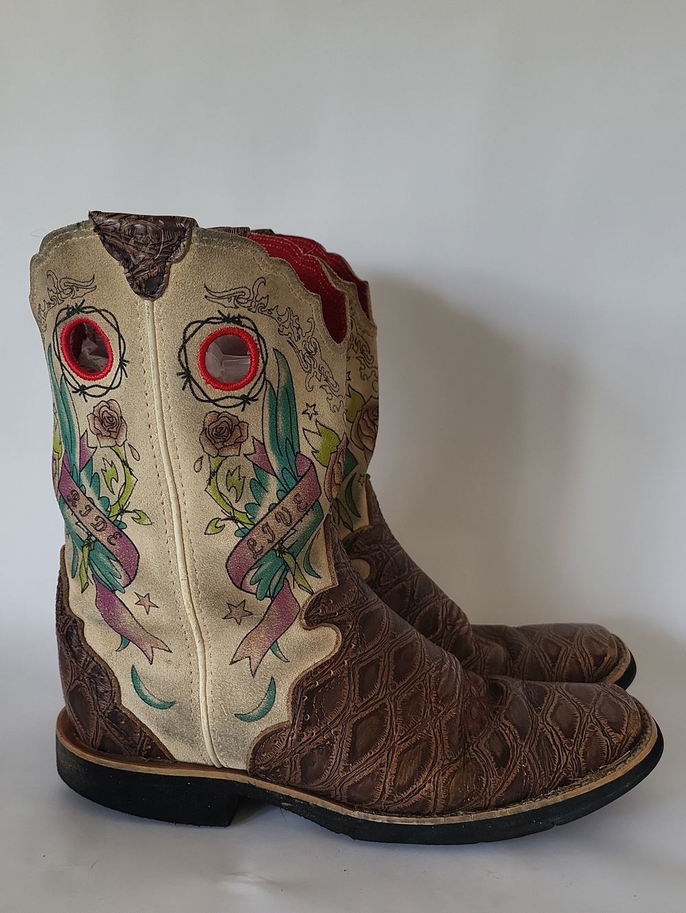 Ariat Girl Rodeobaby Rocker Tattoo Cowgirl Boots Brown Cream Size 2